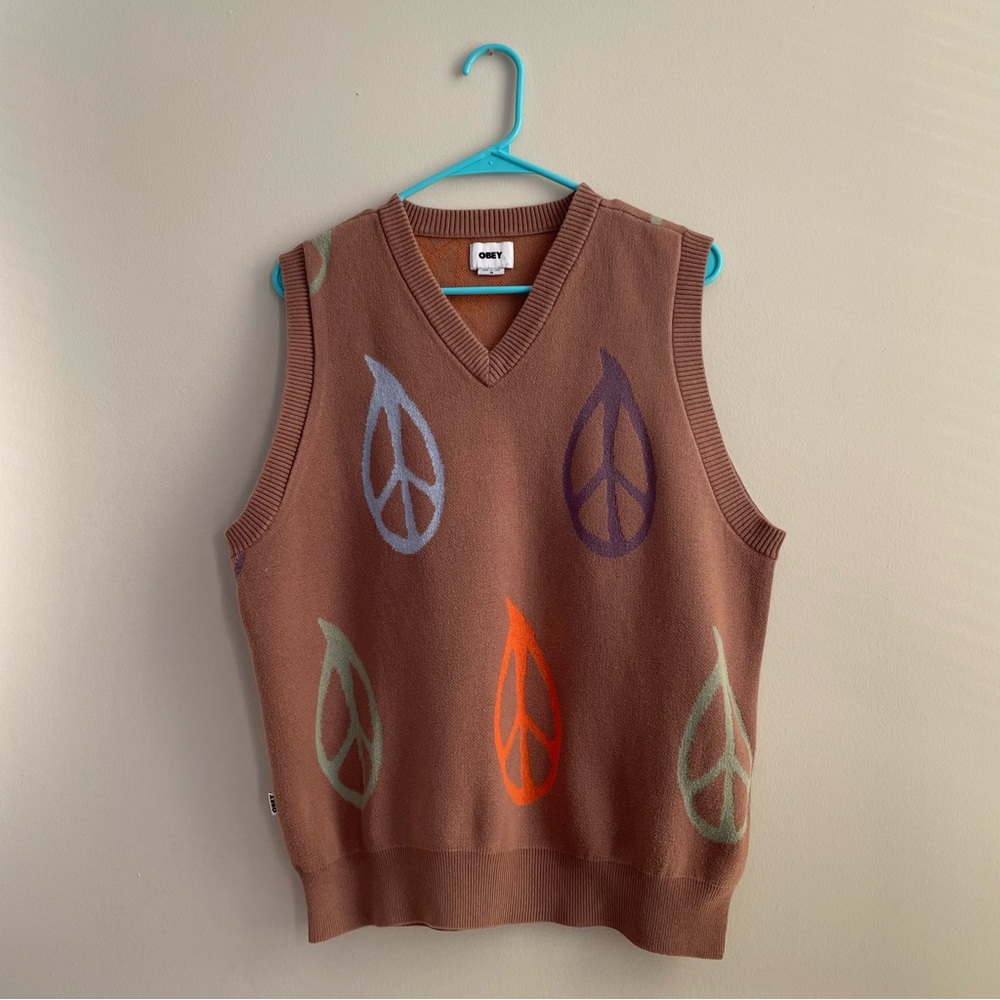 Obey Men's Brown Peace Sign Print Knit Sweater Vest Size M